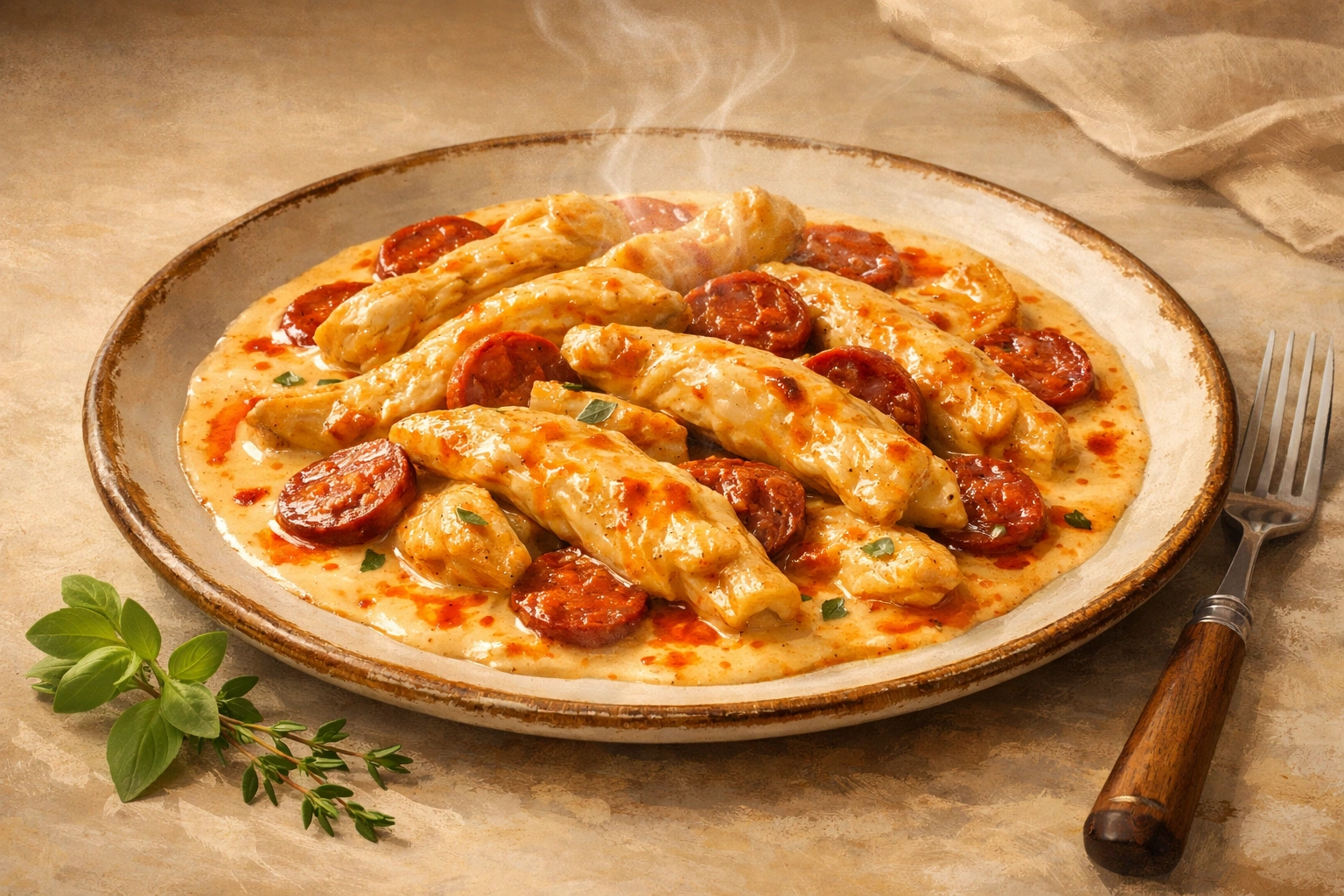Aiguillettes de poulet nappées de sauce crémeuse au chorizo, servies chaudes dans une assiette rustique.