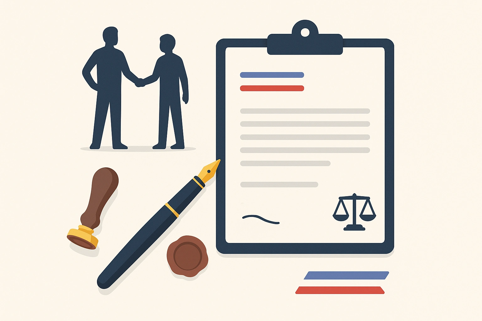 Deux silhouettes se serrent la main près d'une lettre, stylo, sceau et balance de justice.
