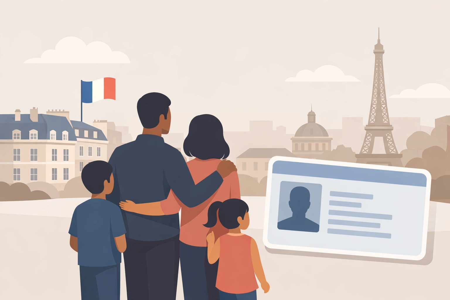 Famille unie devant un paysage parisien symbolisant la vie privée et le droit de séjour en France.