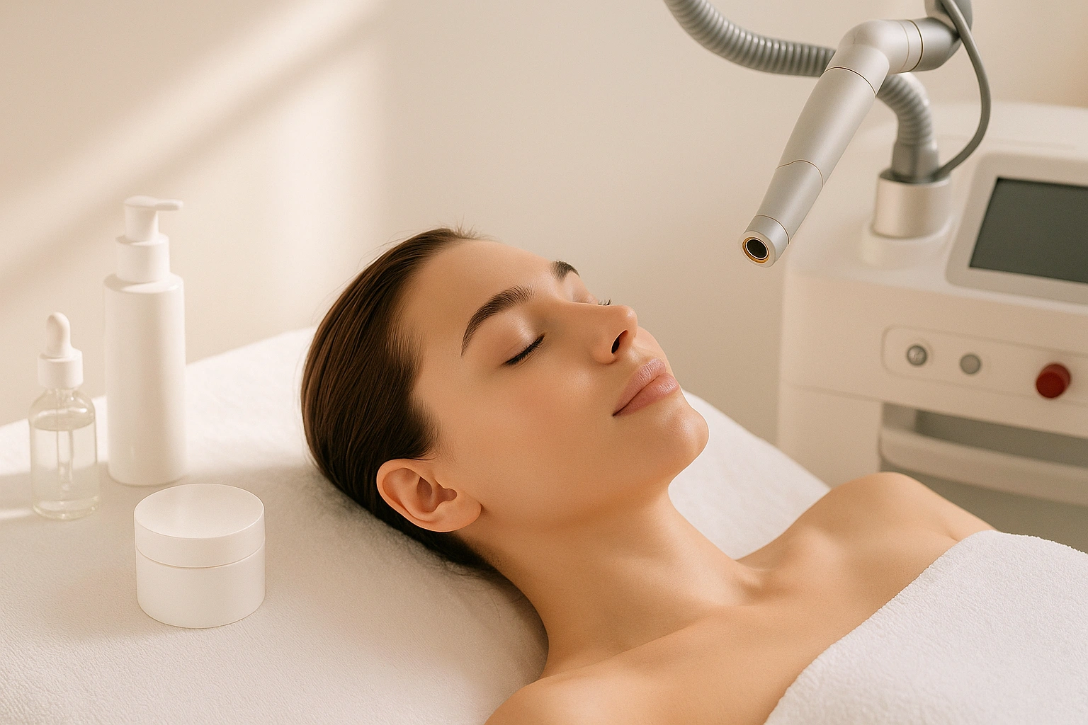 Femme allongée recevant un soin dermatologique au laser dans un cabinet lumineux.
