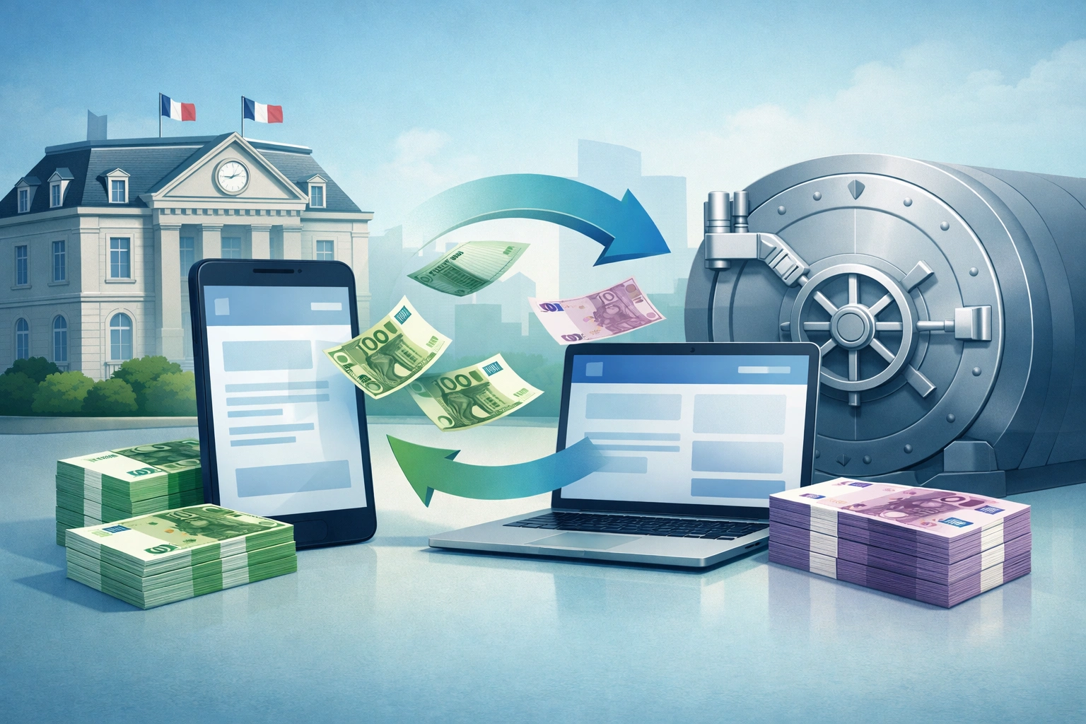 Illustration montrant un virement bancaire important en euros via smartphone et ordinateur dans un contexte français.