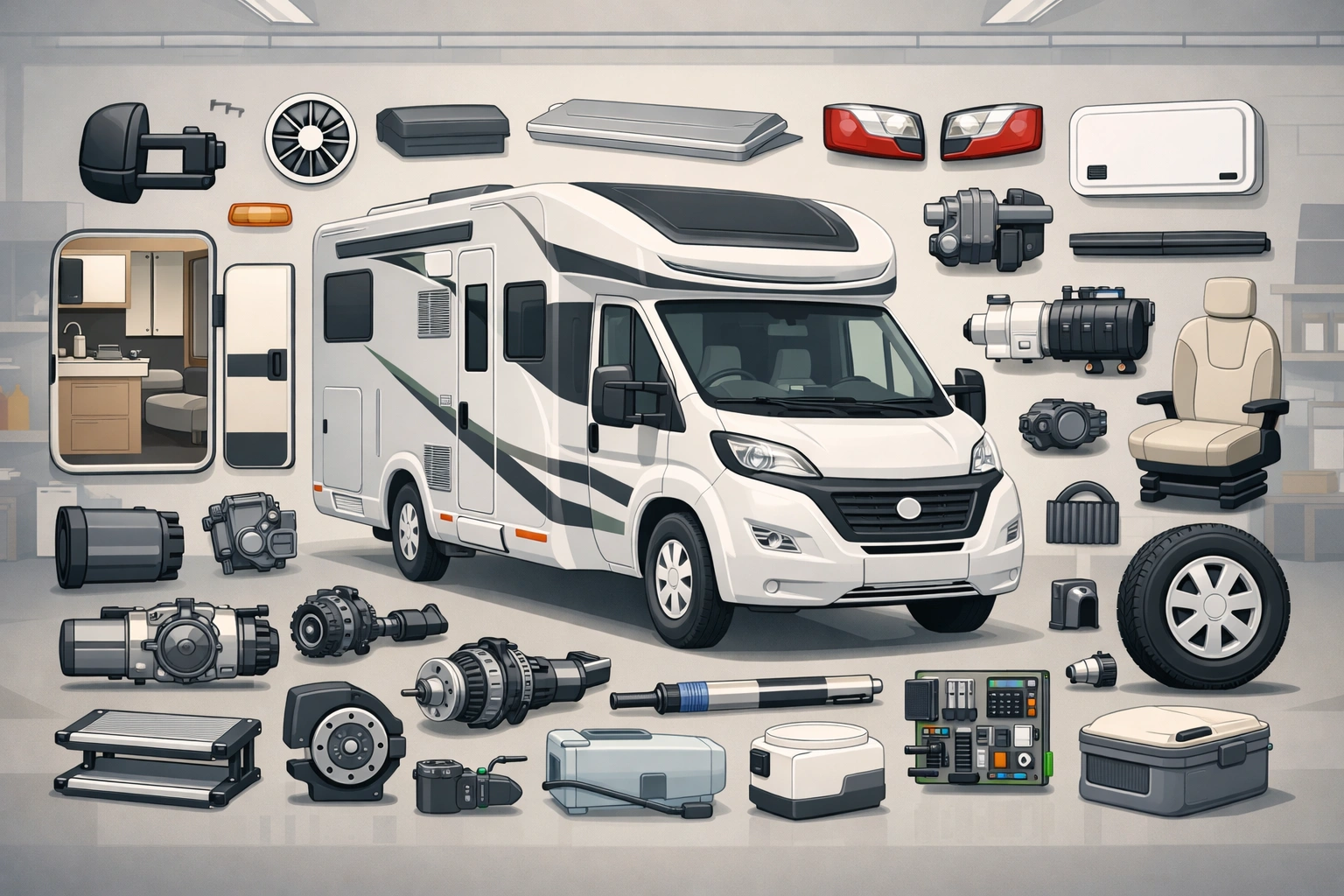 Illustration d’un camping-car Chausson entouré de pièces détachées organisées dans un atelier moderne.
