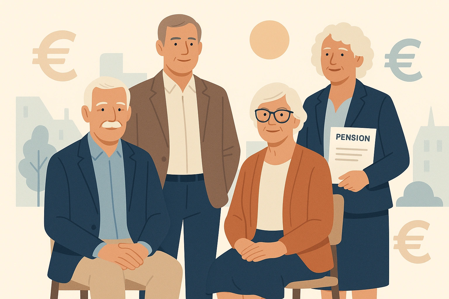 Groupe de retraités français souriants, bien habillés, dans un décor urbain évoquant stabilité financière et retraite sereine