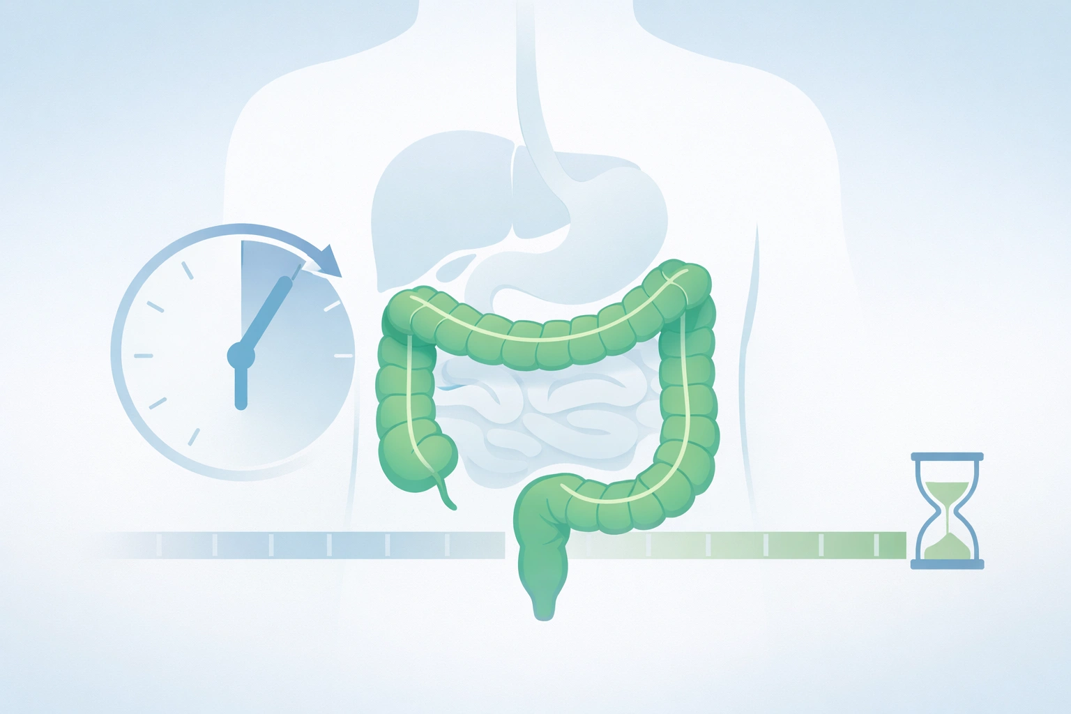 Illustration médicale du système digestif humain mettant en évidence le côlon et la notion de durée temporelle.