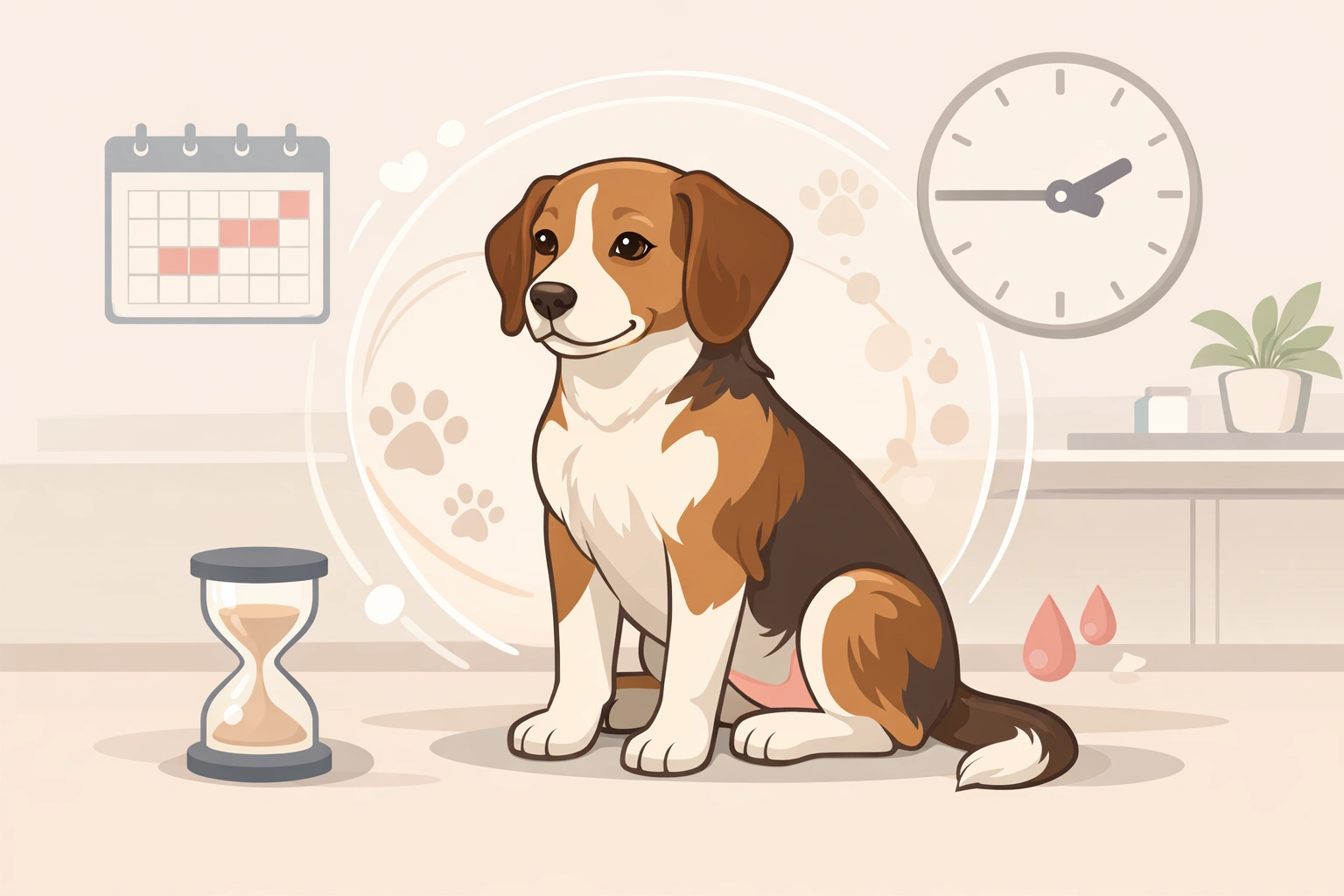 Illustration d’une chienne calme assise, avec icônes de temps, dans un intérieur doux et minimal.