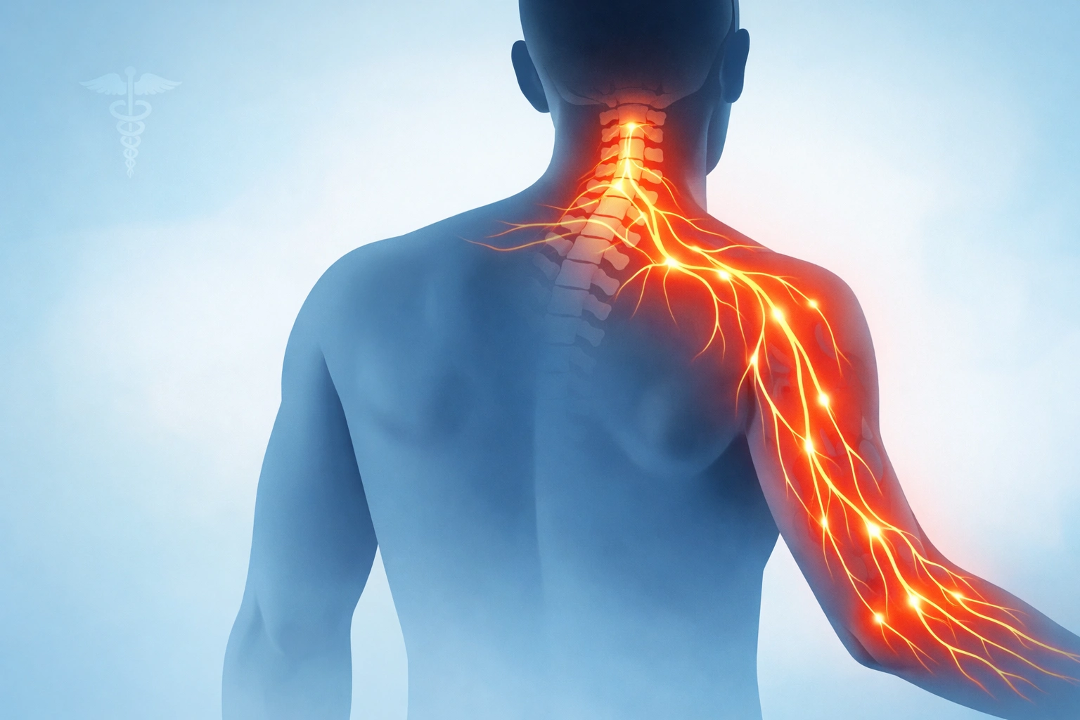 Silhouette du haut du corps montrant une douleur nerveuse du cou irradiant vers l’épaule et le bras.