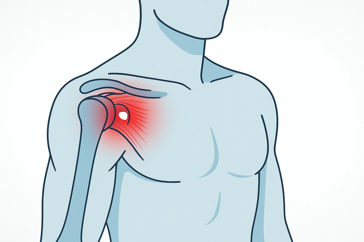 Illustration 2D d’une épaule douloureuse, inflammation rouge et dépôt calcifié près du tendon.