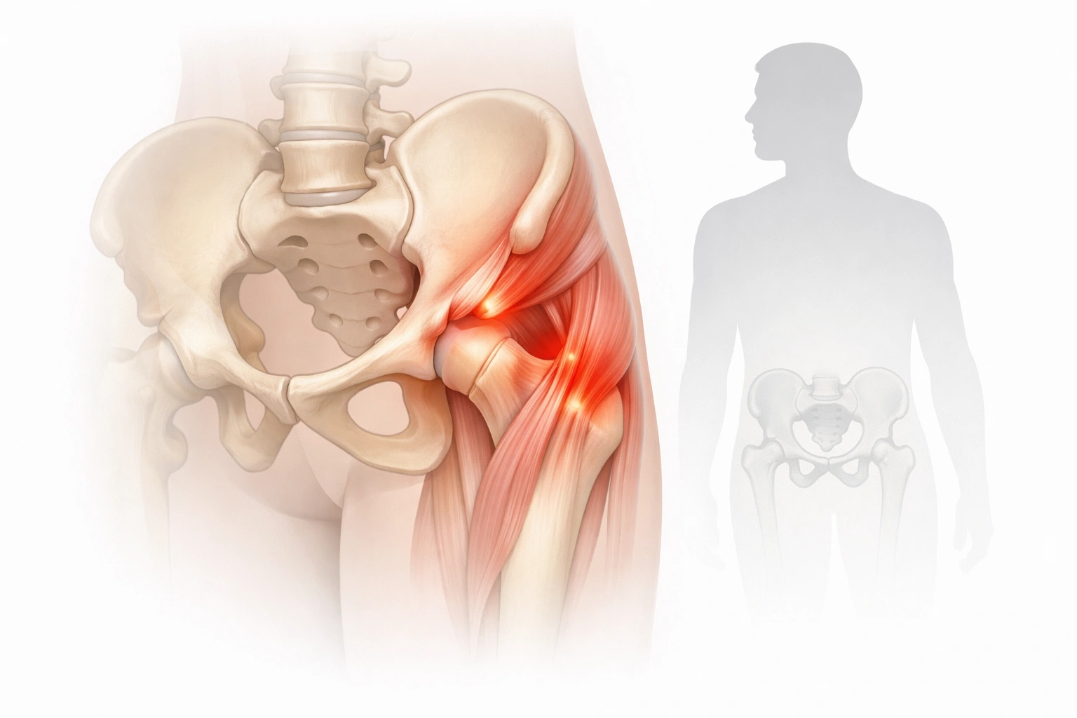 Illustration médicale de la hanche humaine montrant des tendons enflammés autour de l’articulation de la hanche.