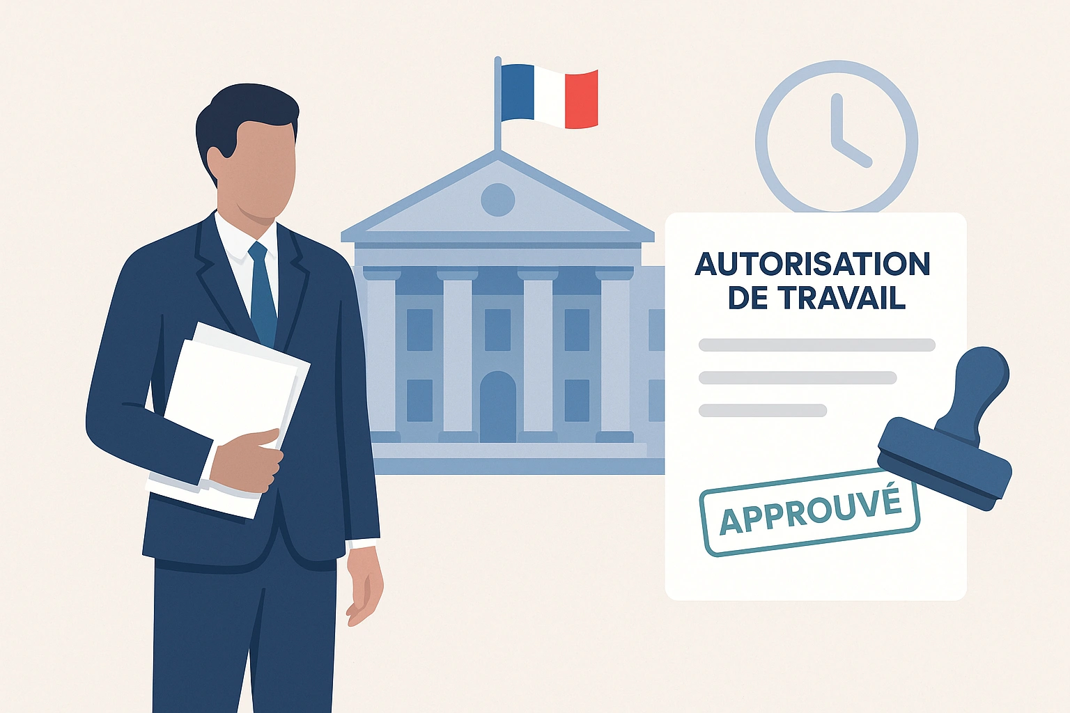 Illustration montrant une personne avec des documents devant un bâtiment officiel attente de travail.