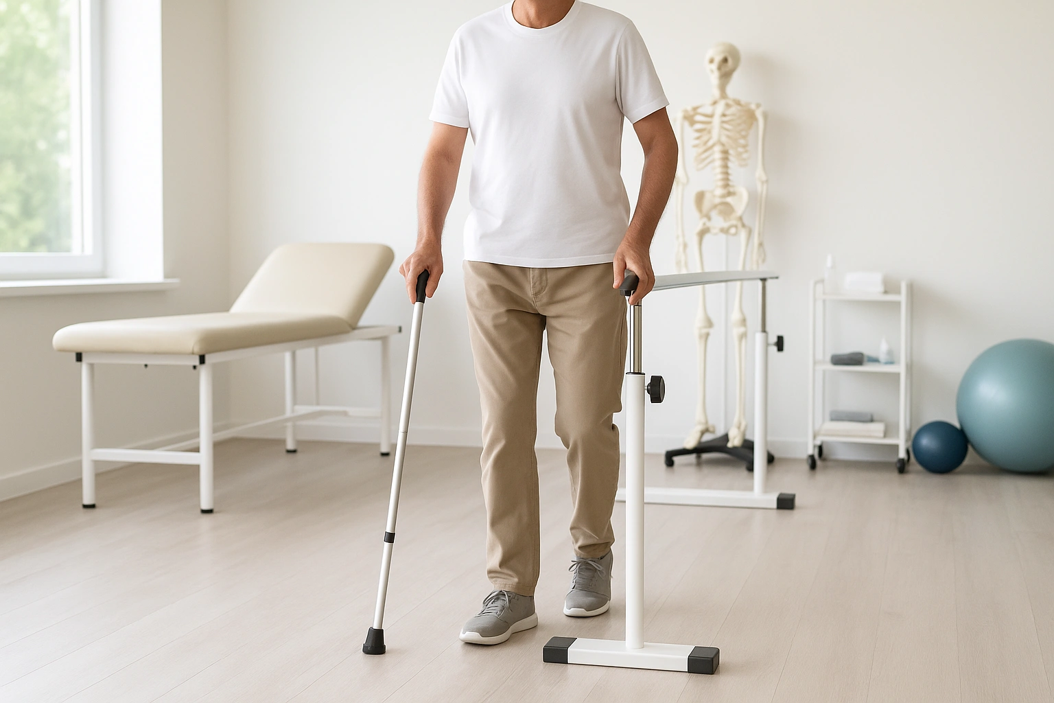Homme en rééducation marchant avec une canne dans une salle de physiothérapie lumineuse.