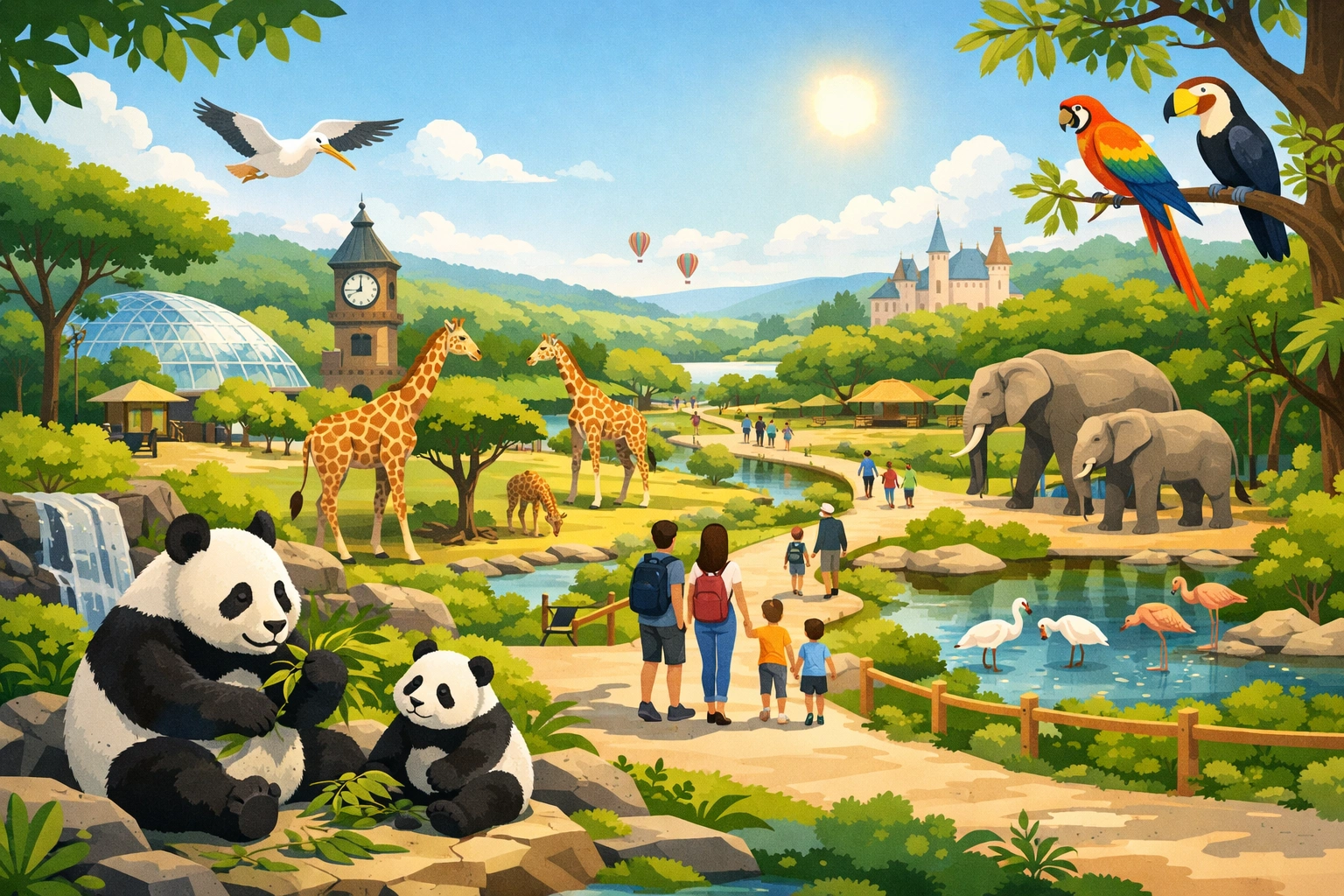 Vue illustrée du Zoo de Beauval avec pandas, girafes, éléphants, visiteurs et paysages verdoyants.