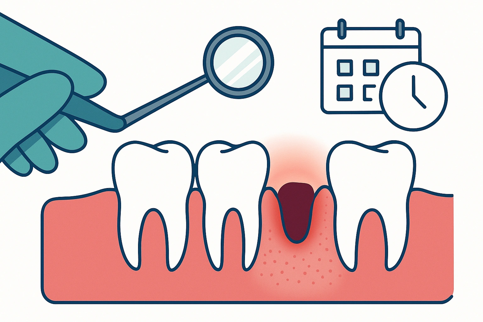 Illustration d’une extraction molaire : caillot sanguin, gencive en cicatrisation, miroir dentaire.