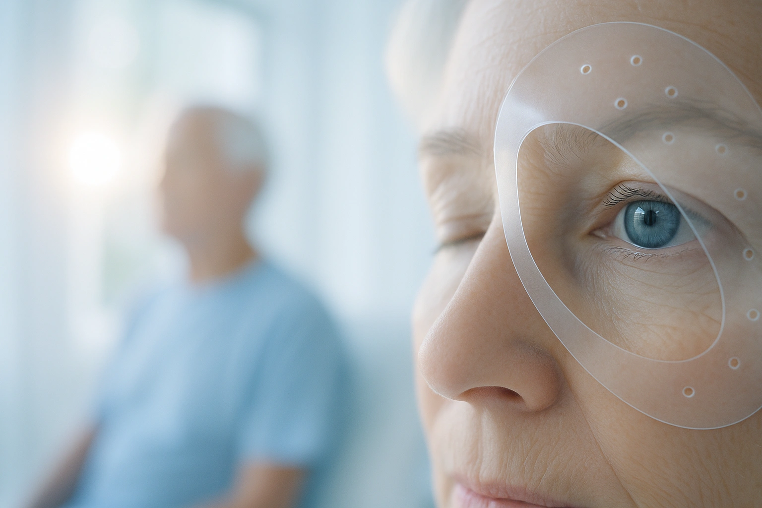 Gros plan d’un œil protégé après une opération, avec un patient flou en arrière-plan lumineux.