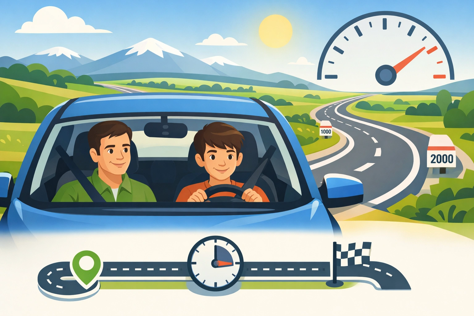 Jeune conducteur avec un adulte accompagnateur roulant sur une longue route française la formation.