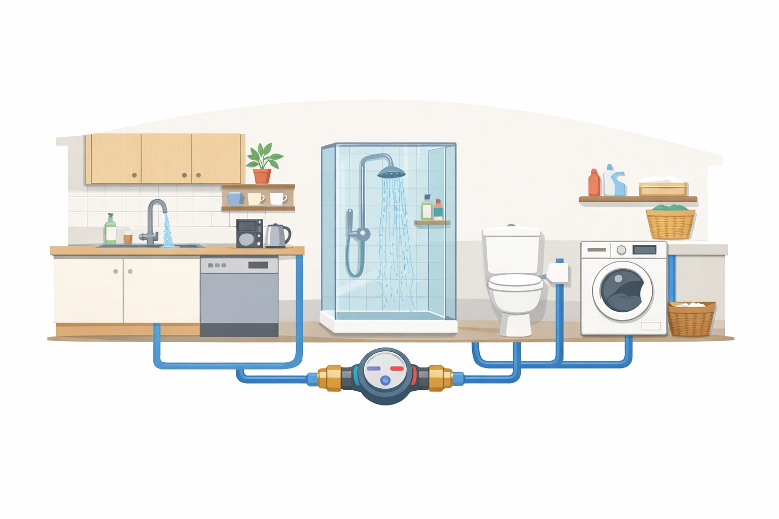 Illustration d’une maison moderne montrant cuisine, salle de bain et appareils reliés par des flux d’eau bleus.