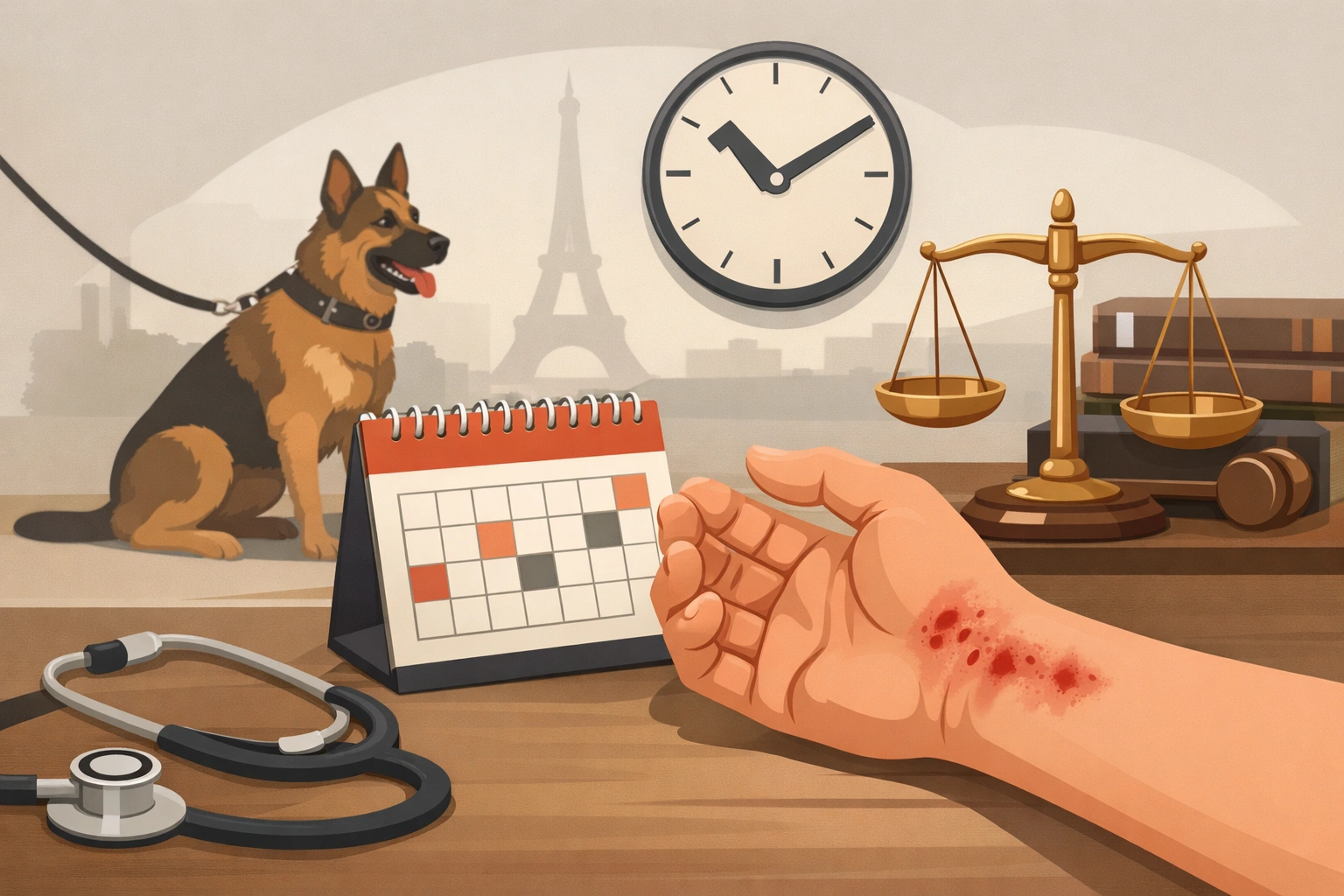 Illustration d’une main blessée par morsure de chien, avec symboles de justice et de délai légal en France.