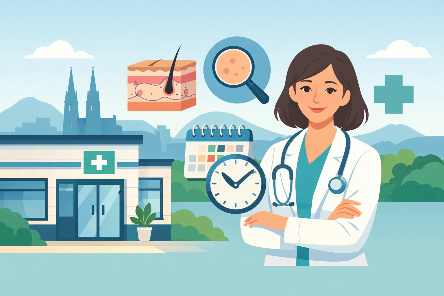 Illustration d’un cabinet de dermatologie moderne à Clermont-Ferrand avec médecin, symboles médicaux et notion de rendez-vous rapide.