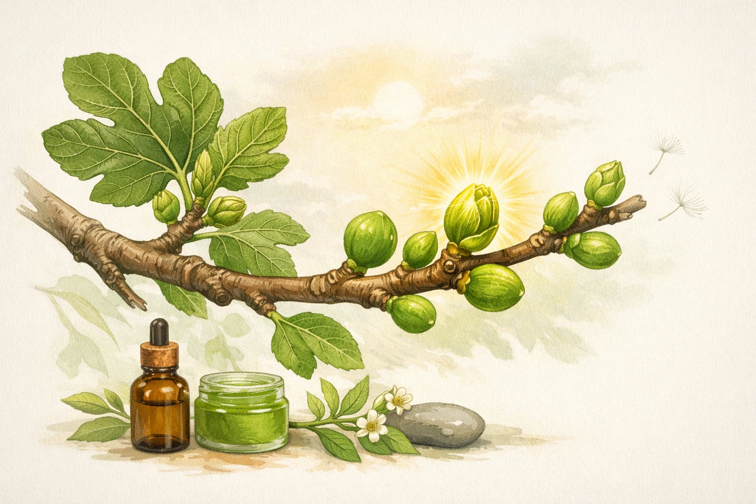 Branche de figuier avec bourgeons verts, dont un lumineux symbolisant l’action