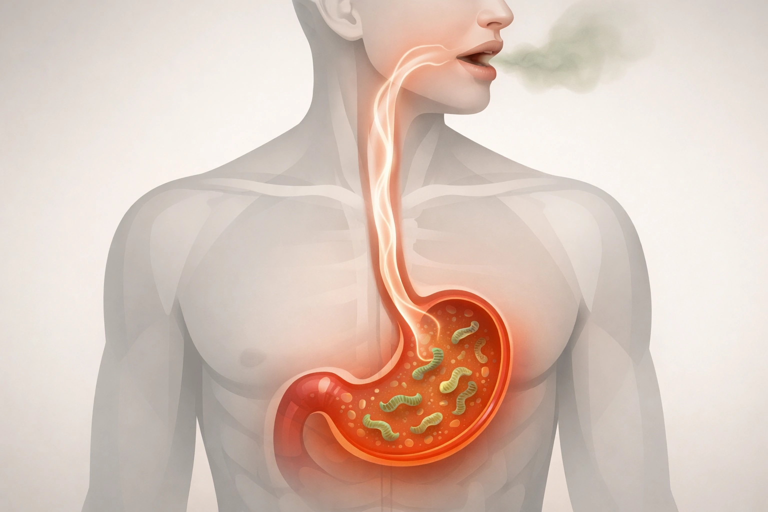 Illustration médicale montrant l’estomac infecté par Helicobacter pylori et son lien avec la bouche et le goût amer.