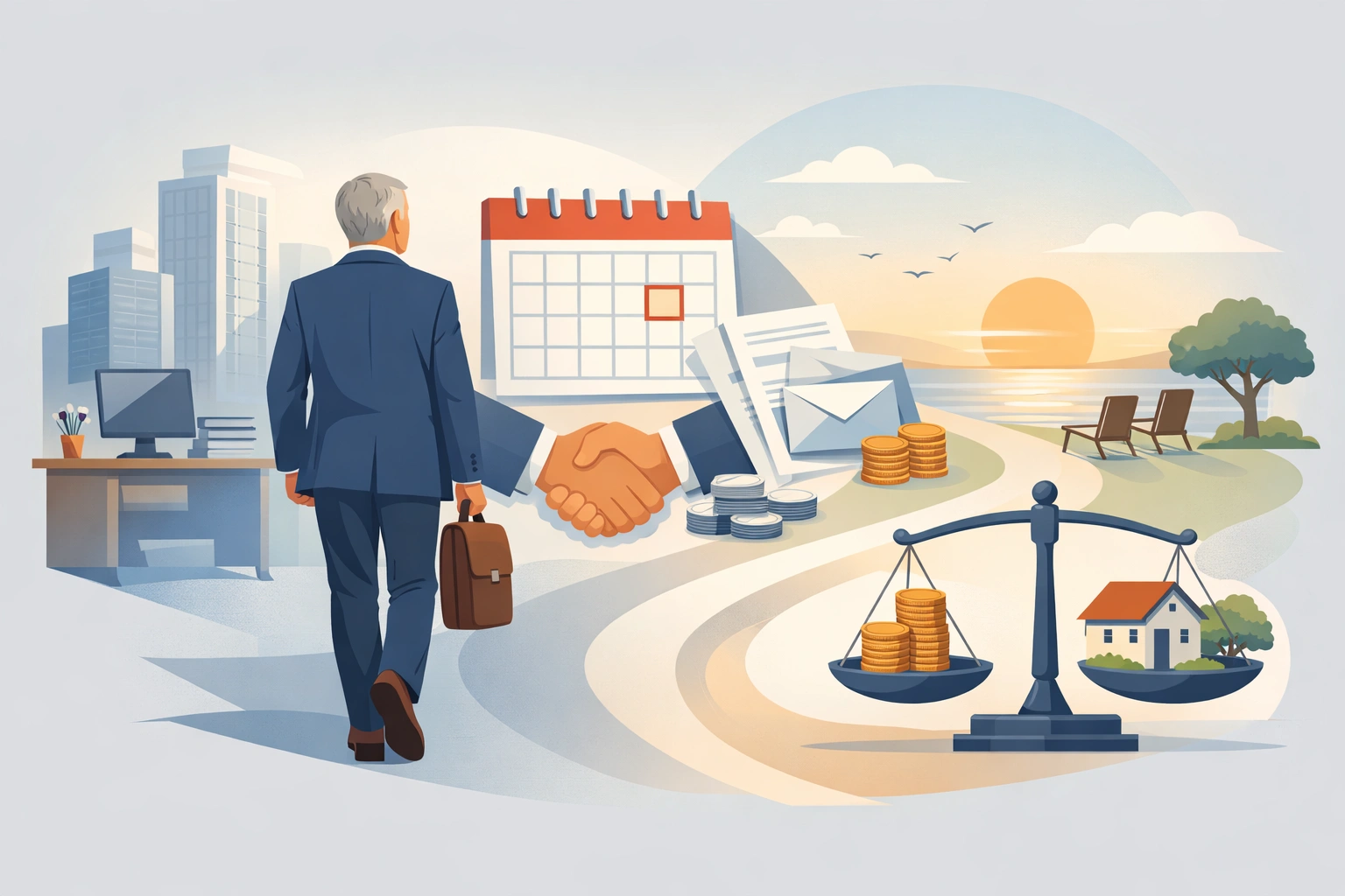 Illustration montrant un salarié senior quittant le bureau vers un avenir financier stable et apaisé.