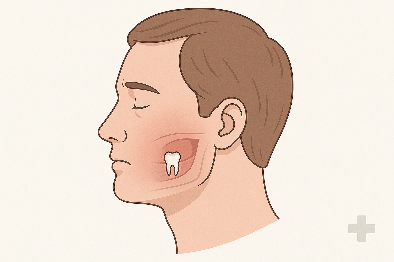 Illustration médicale montrant un visage de profil avec une joue enflée après une extraction dentaire