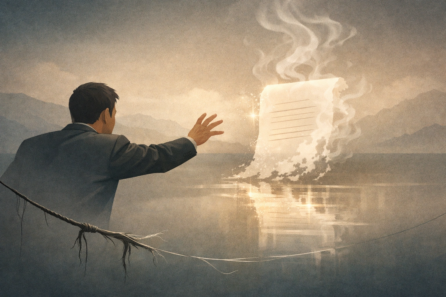 Un homme tend la main vers un contrat qui se dissout en fumée, symbole de promesses illusoires.