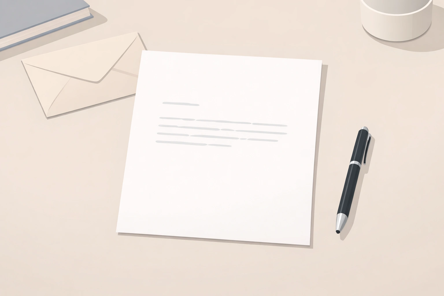 Illustration d’un bureau minimaliste avec lettre blanche, enveloppe et stylo, ambiance professionnelle.