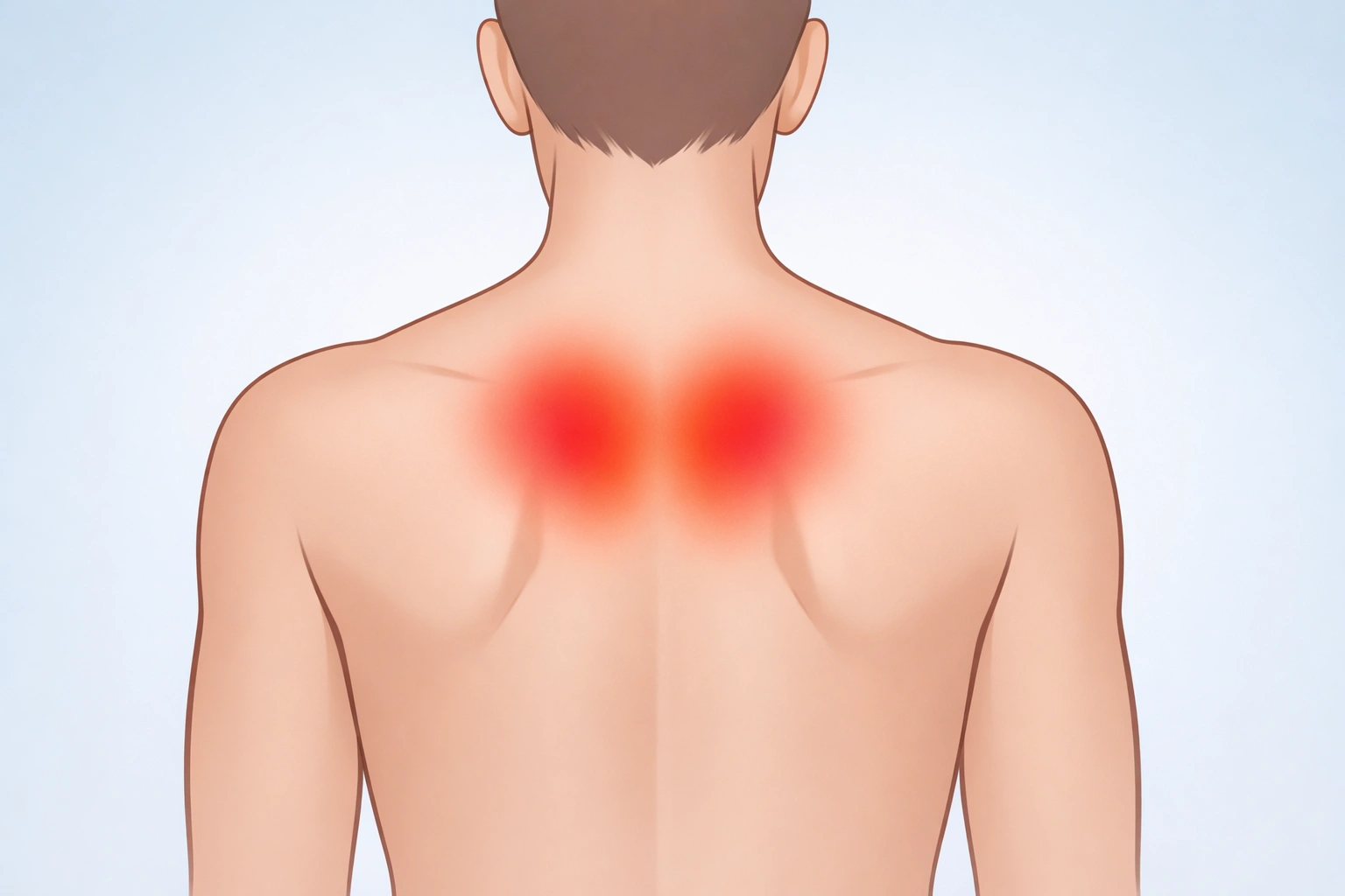 Illustration du haut du dos humain avec zones de douleur entre les omoplates, style médical épuré et couleurs douces.