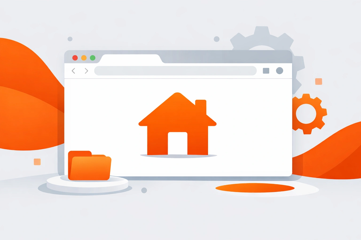 Illustration d’un navigateur Chrome avec icône d’accueil orange et symboles de réglages épurés plats.