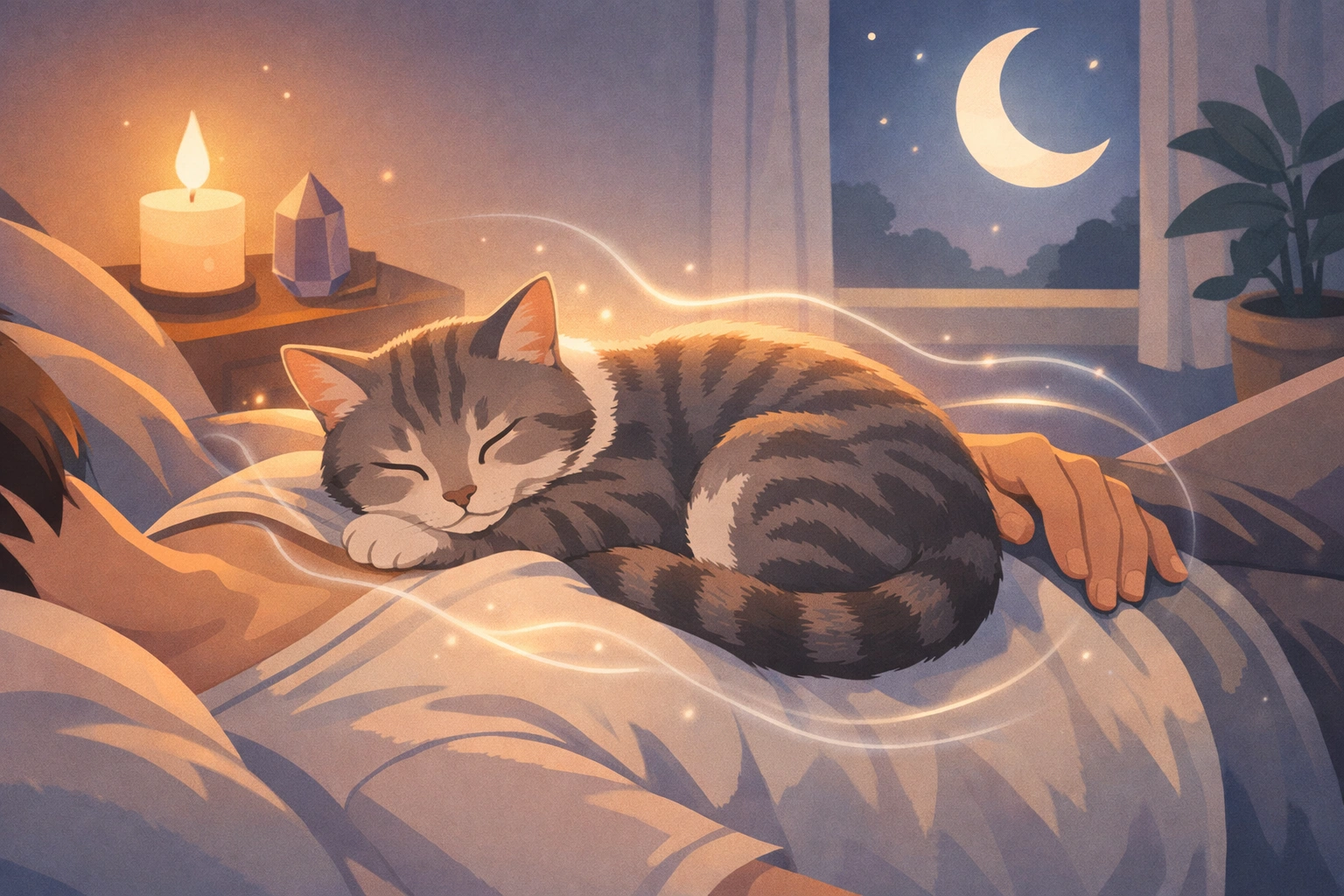 Chat paisible dormant sur la poitrine d’une personne, scène douce et spirituelle baignée de lumière lunaire chaleureuse.
