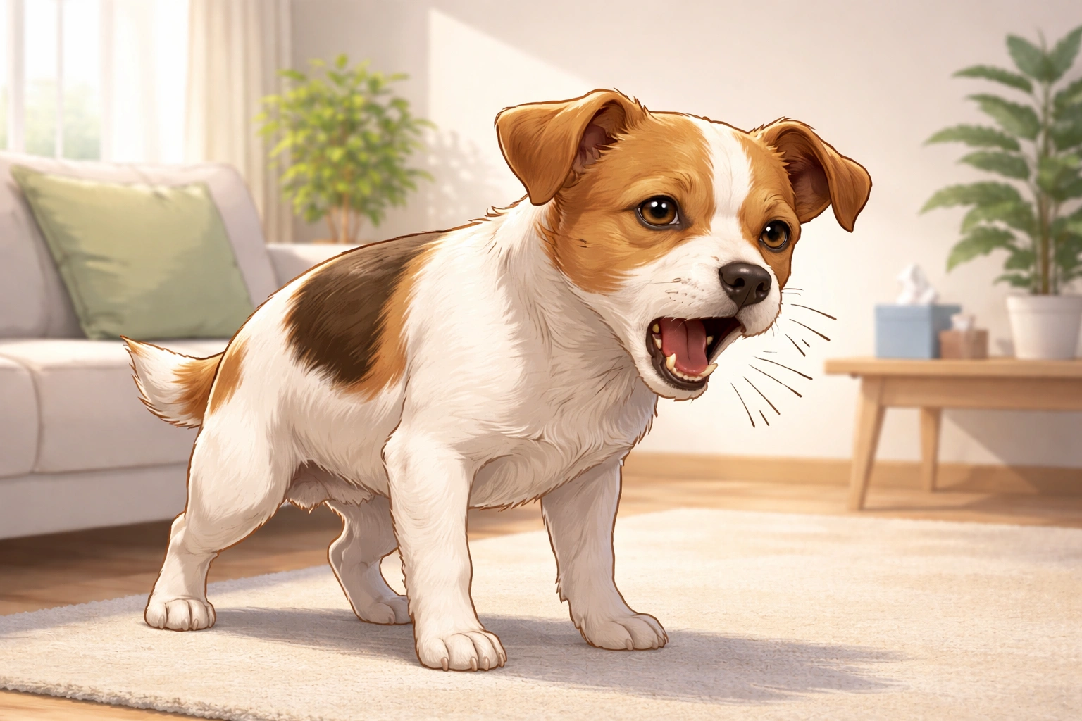 Petit chien toussant à l’intérieur, penché en avant, l’air inquiet, dans un salon clair.