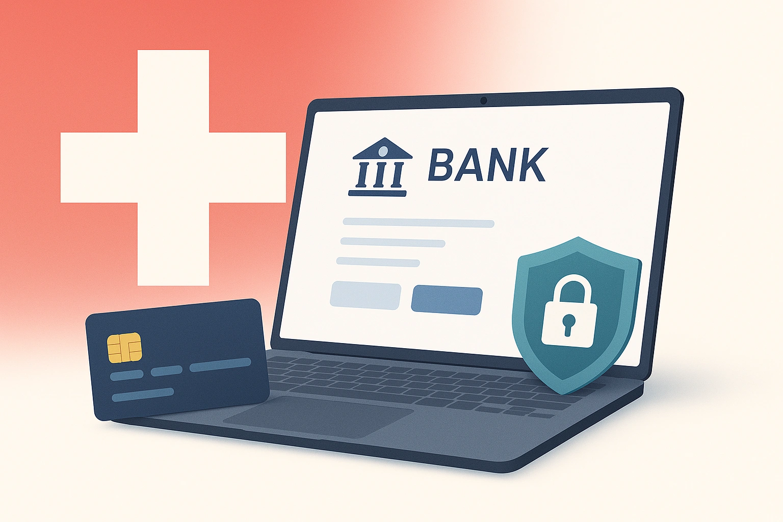 Laptop affichant une interface bancaire sécurisée avec carte et symbole suisse en arrière-plan.
