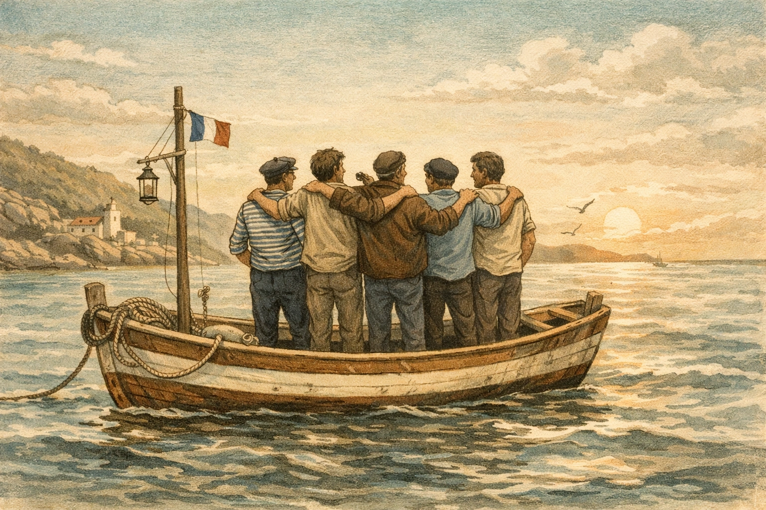 Un groupe d’amis unis sur un petit bateau en mer, dans une ambiance côtière française douce et nostalgique.