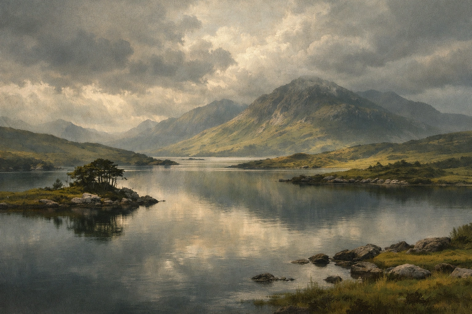 Paysage paisible des lacs du Connemara, eau calme, collines vertes et montagnes sous un ciel nuageux.
