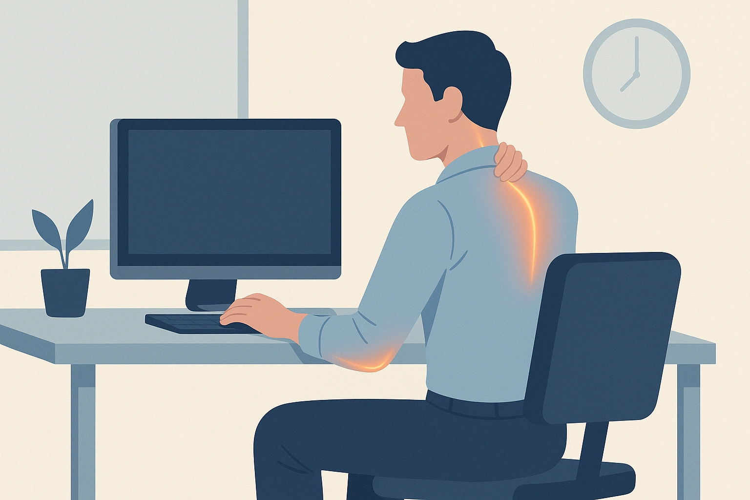 Illustration d’un employé au bureau ressentant une douleur au cou et au bras dans un environnement de travail moderne.