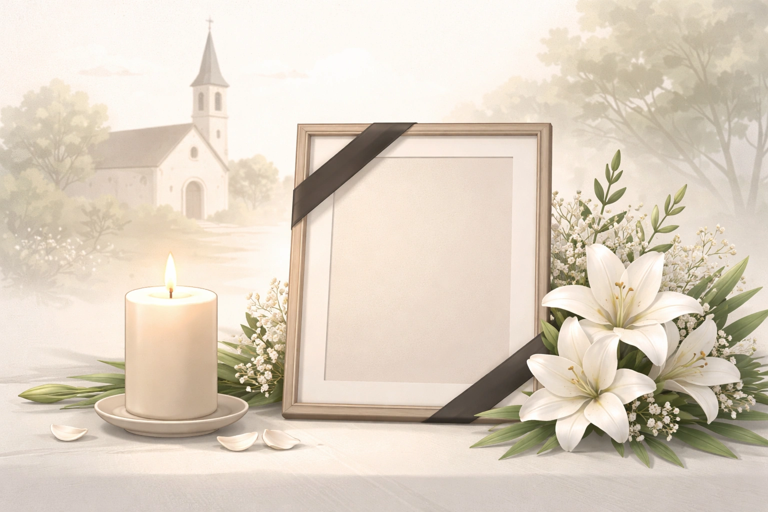 Illustration sobre avec cadre commémoratif, bougie allumée, lys blancs et église française en arrière-plan.