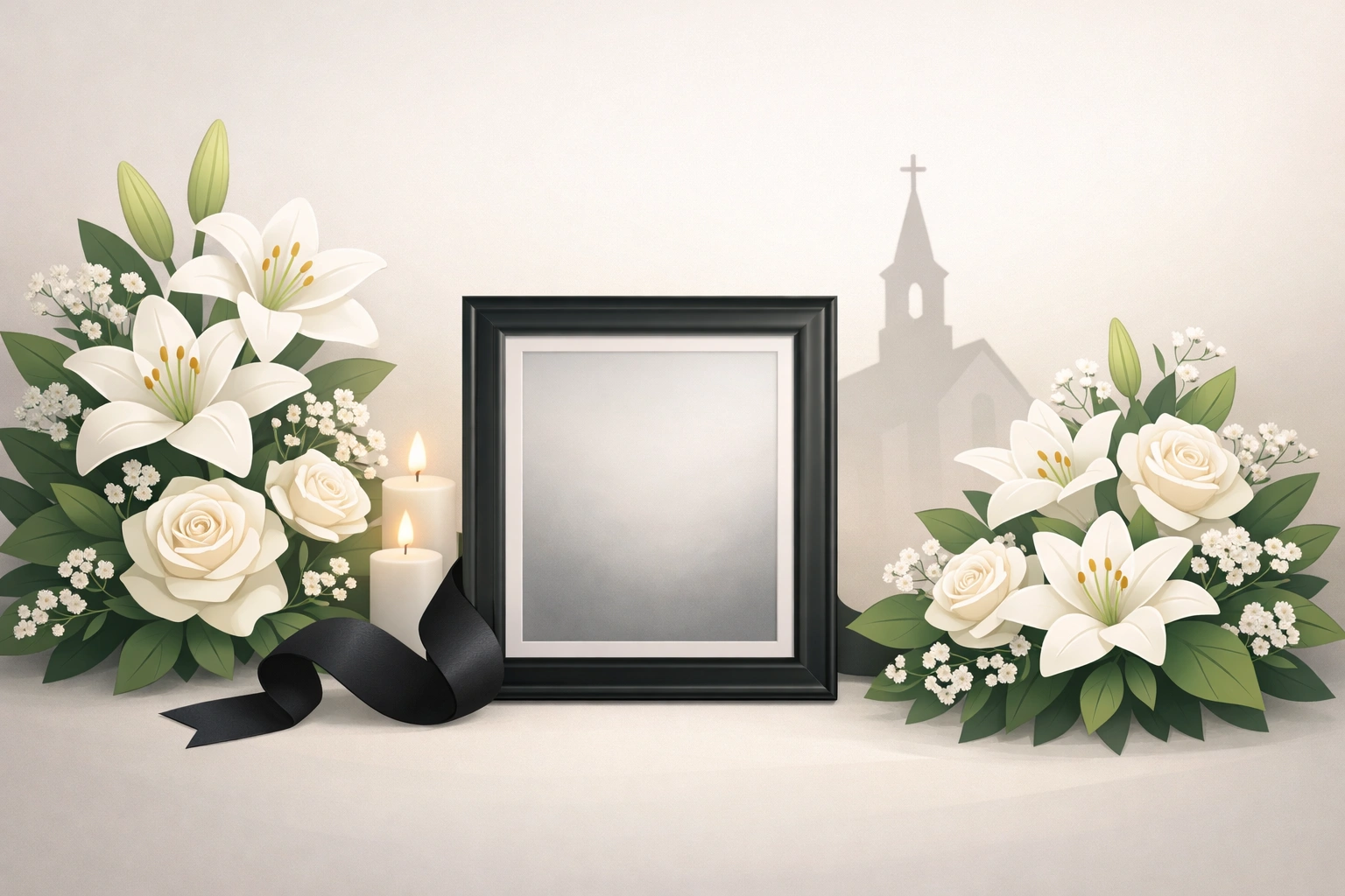 Illustration funéraire sobre avec fleurs blanches, cadre commémoratif et ambiance paisible