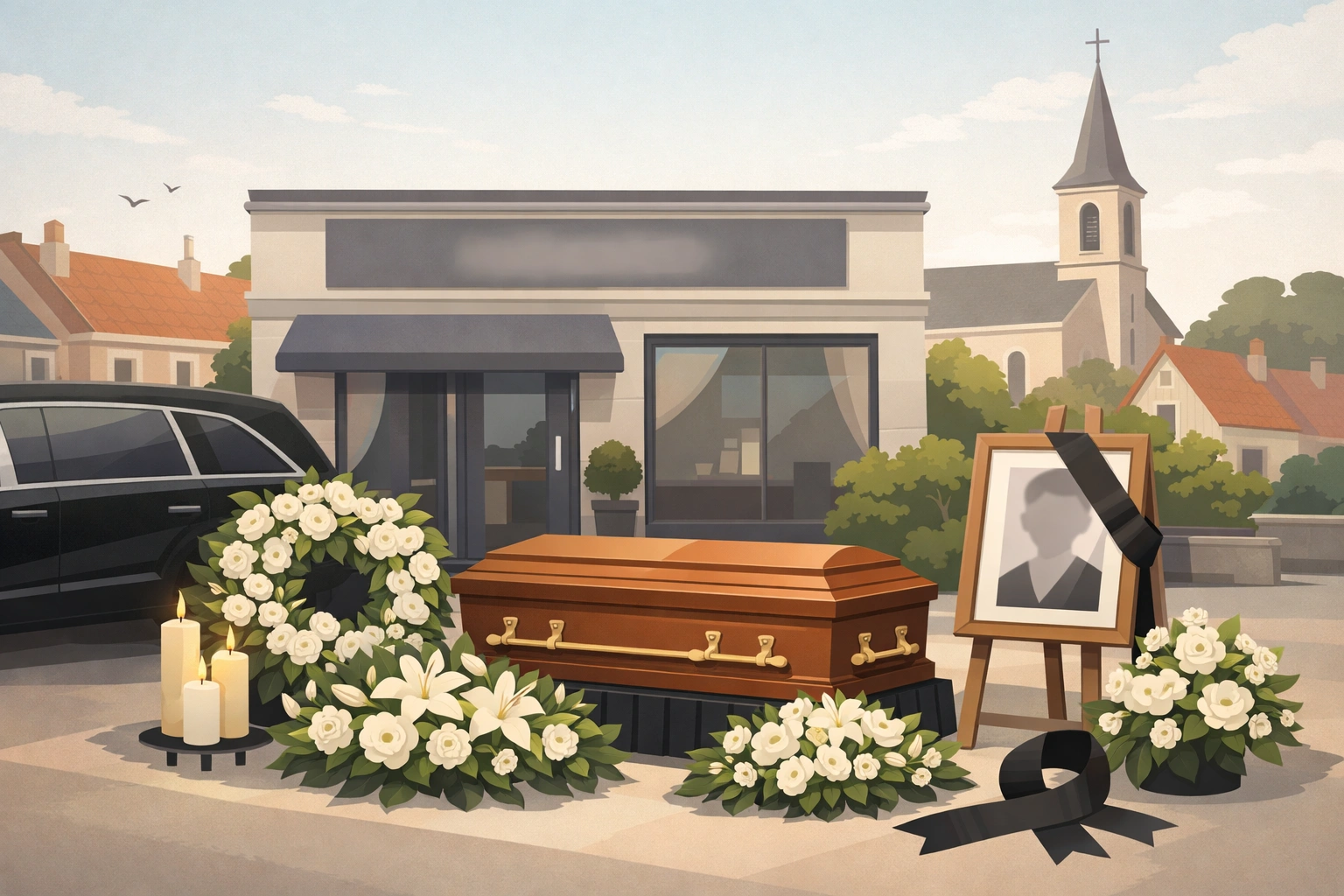 Illustration d’un service funéraire paisible devant une maison funéraire française, avec cercueil, fleurs et bougies.