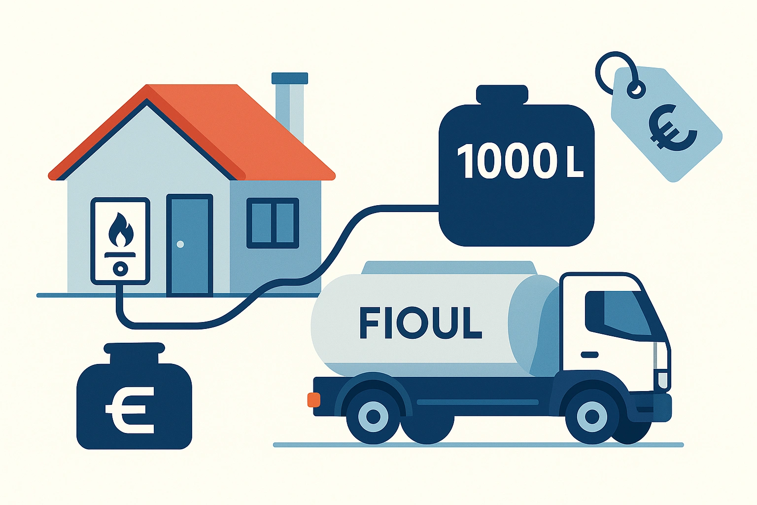 Camion de fioul livrant une maison, cuve 1000 L et symbole €, illustration vectorielle.