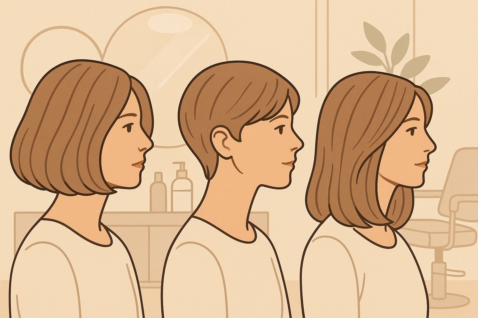 Illustration montrant trois femmes avec des coupes volumisantes pour cheveux fins dans un salon moderne.