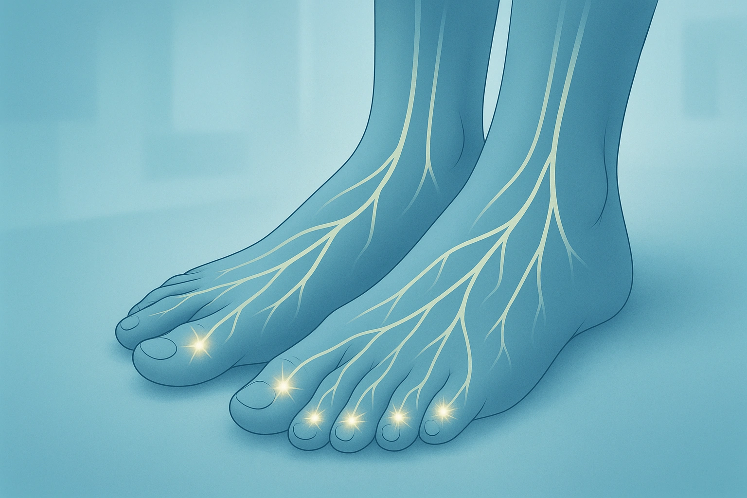 Illustration médicale montrant des pieds avec des nerfs lumineux indiquant des picotements.