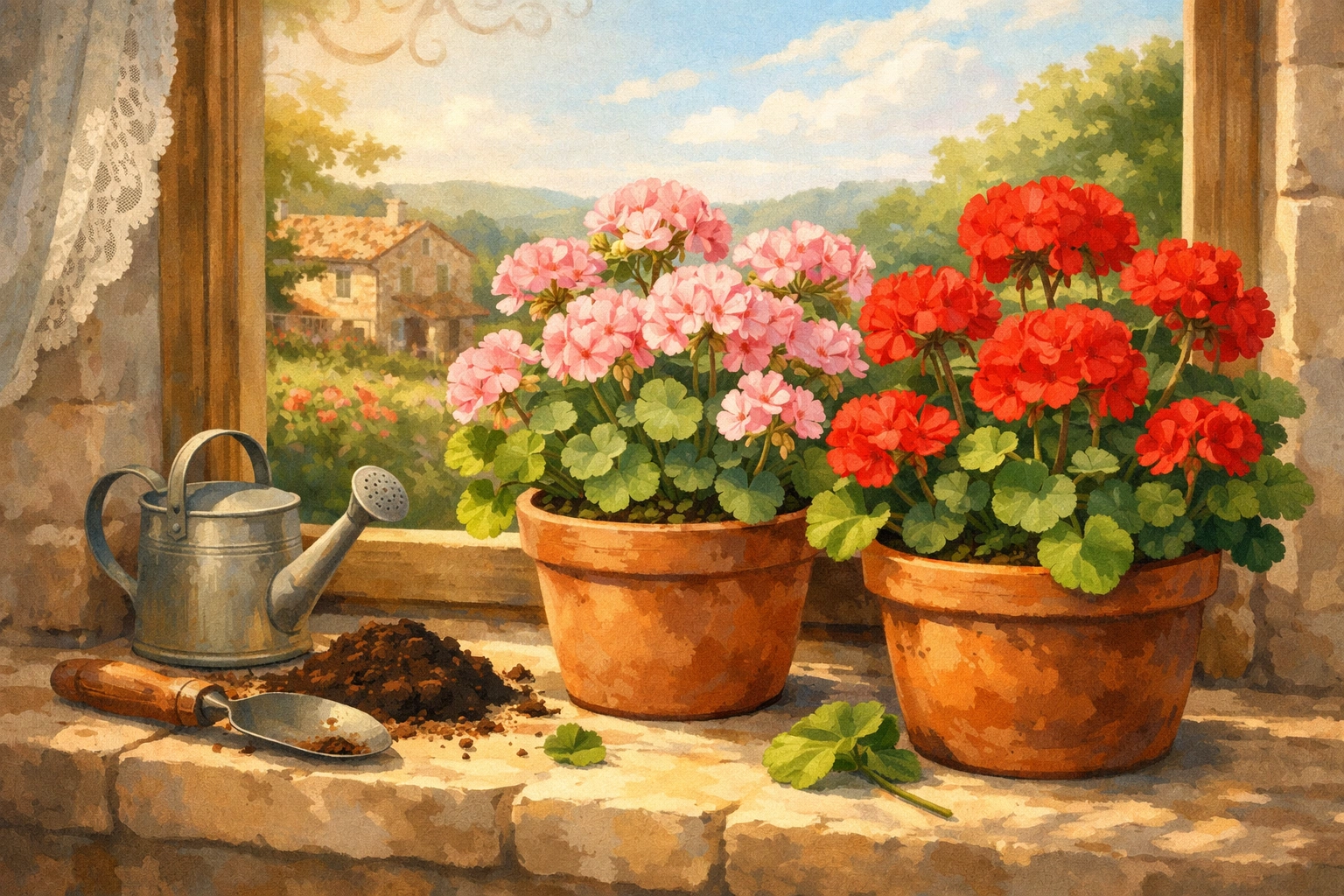 Géraniums rouges et roses en pots de terre cuite sur un rebord de fenêtre à la campagne française.