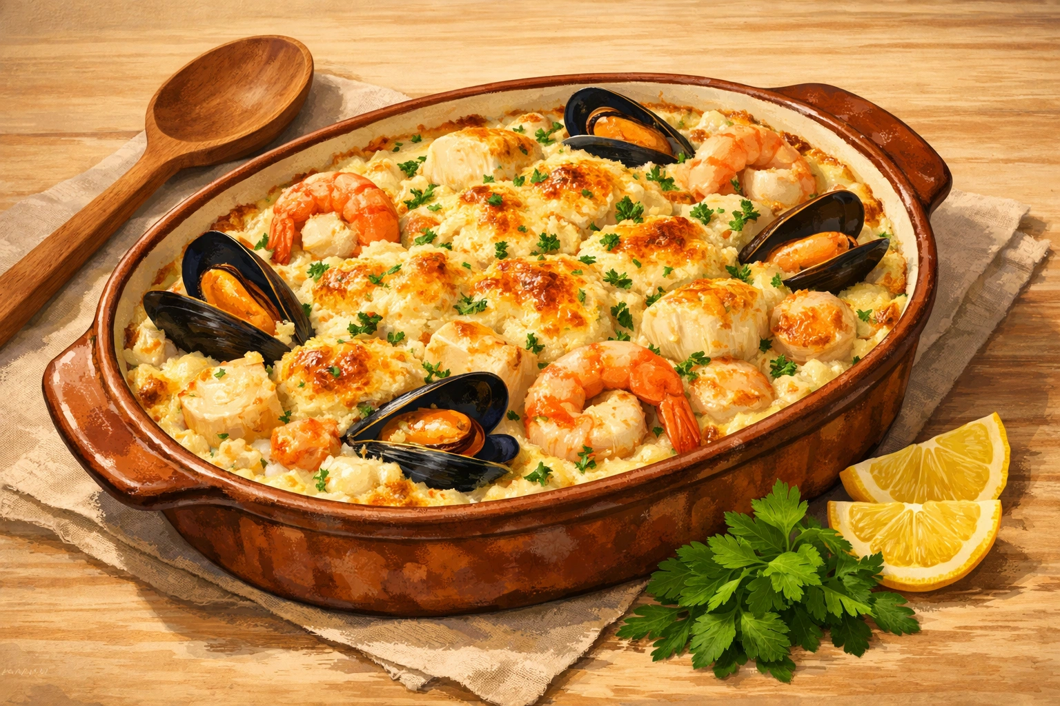 Gratin de fruits de mer et poisson frais doré au four, servi dans un plat rustique sur table en bois.