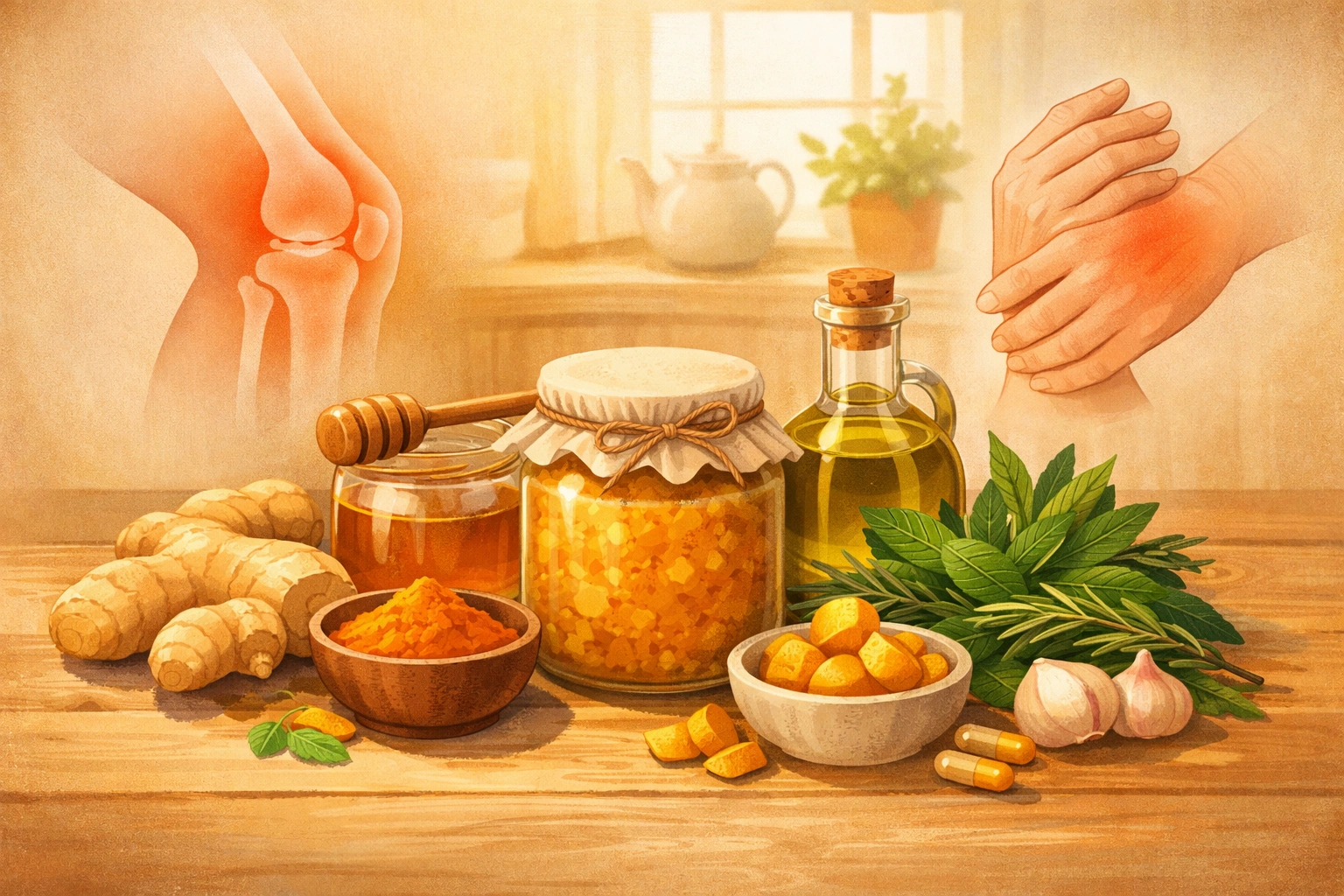 Illustration de remèdes naturels de grand-mère contre les douleurs articulaires sur table de cuisine.