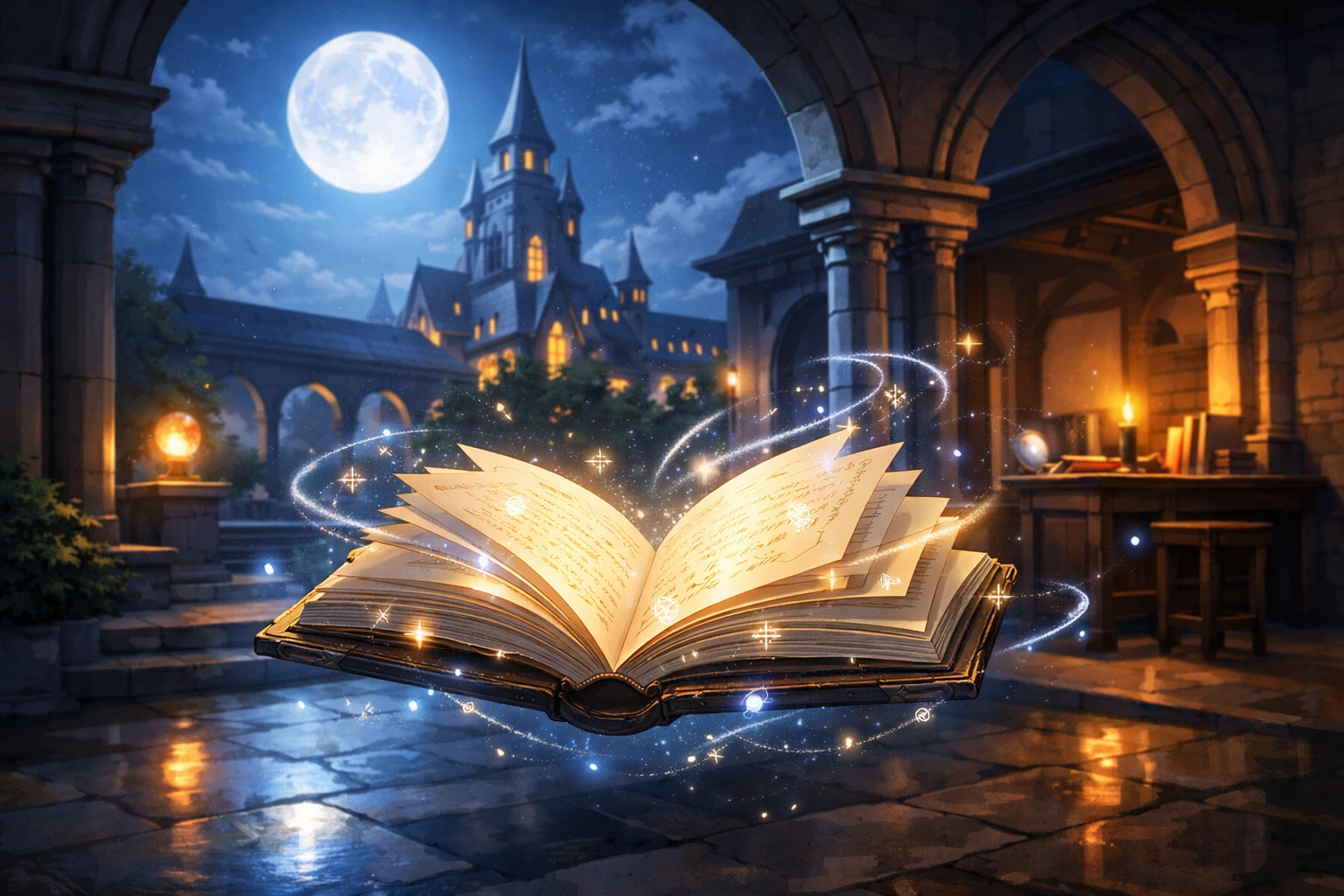 Grimoire lumineux flottant dans une cour d’académie magique éclairée par la lune.