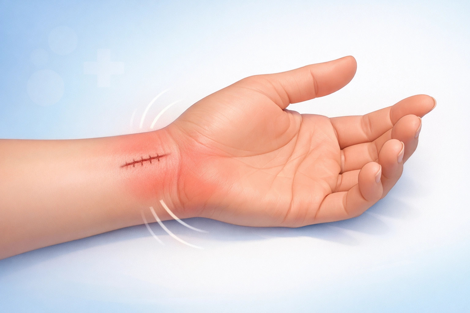 Illustration médicale d’une main après opération du canal carpien avec rougeur légère au poignet.