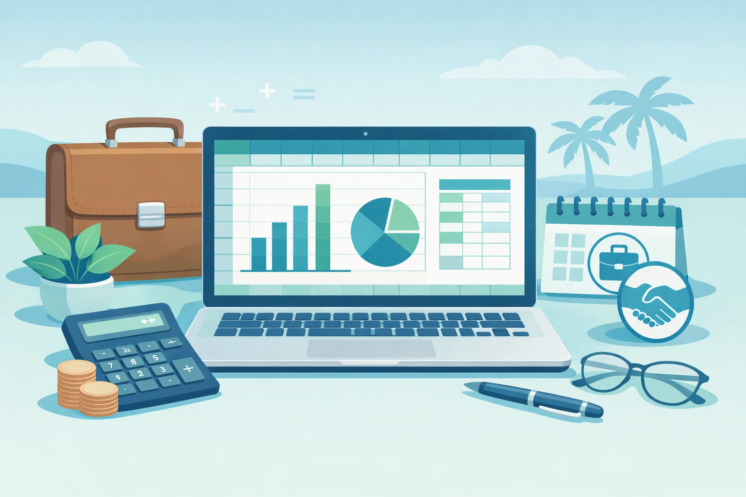 Illustration d’un bureau avec ordinateur affichant tableaux Excel et symboles de départ à la retraite