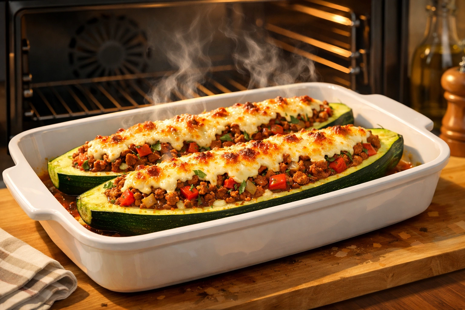 Courgettes farcies gratinées dans un plat au four, garnies de viande hachée, légumes et fromage doré.
