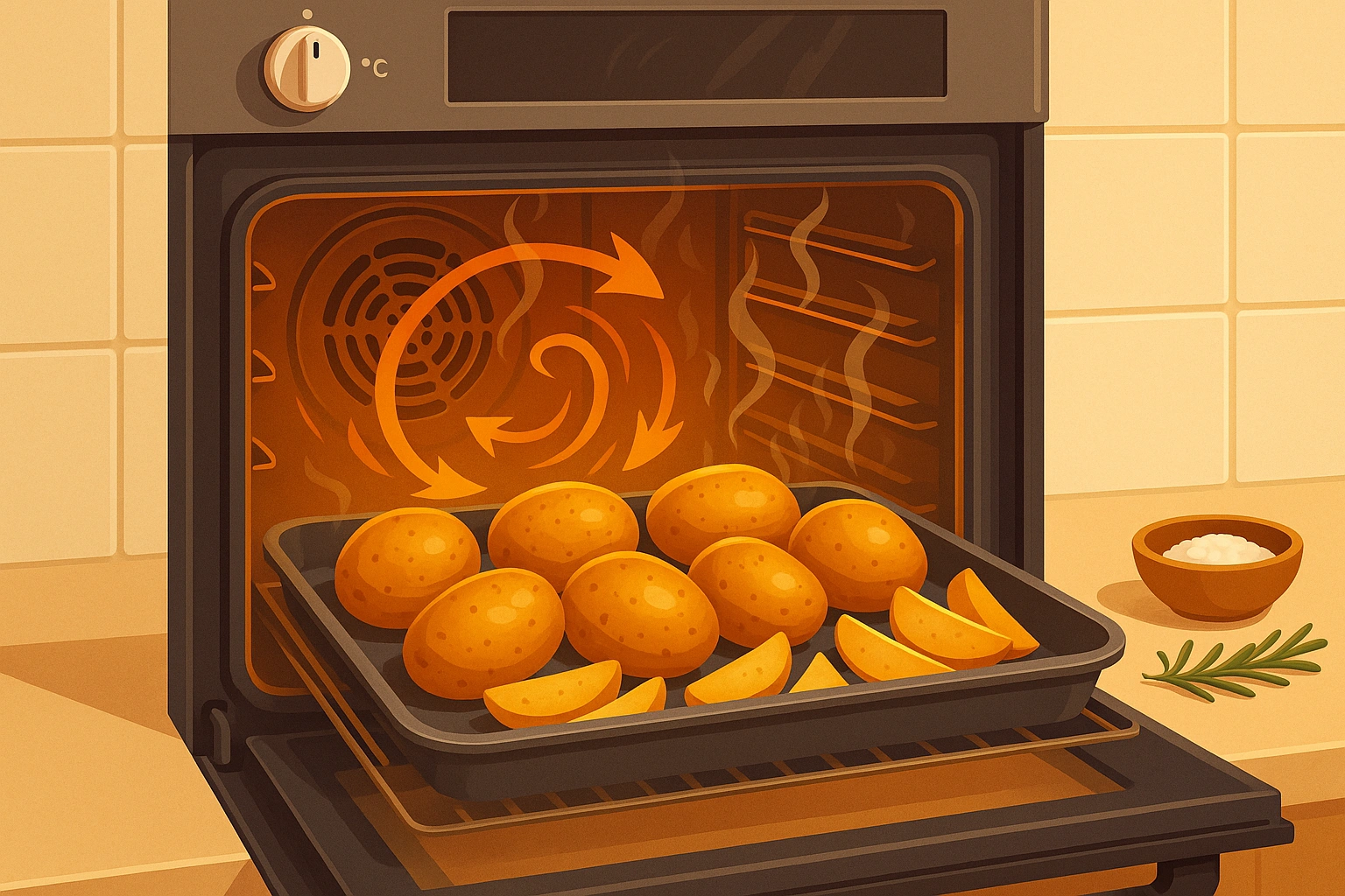 Four chaleur tournante ouvert, plateau de pommes de terre dorées, sel et romarin sur le plan de travail.