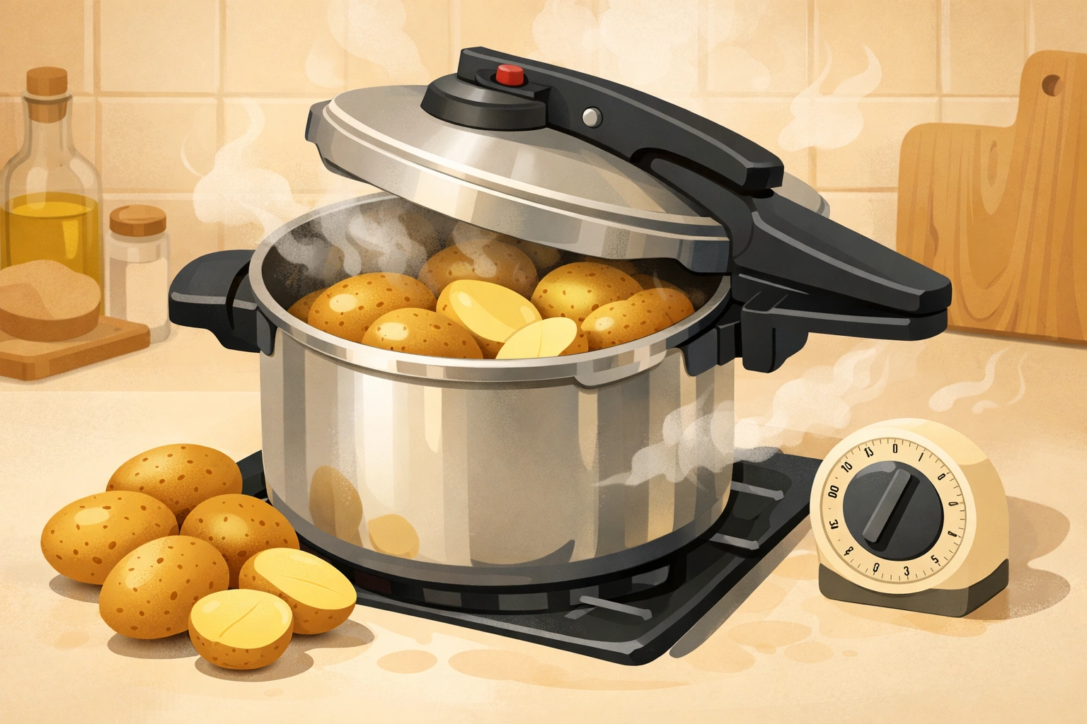 Cocotte minute ouverte avec pommes de terre vapeur sur plaque, cuisine chaleureuse moderne et simple.